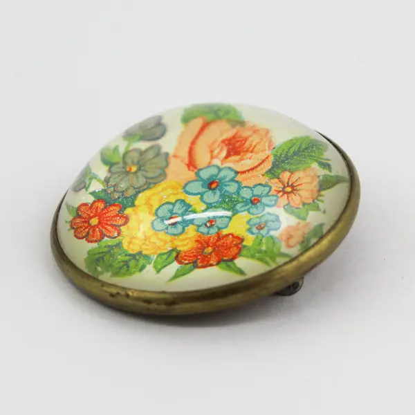 Antique Dome Glass Bridle Rosette Pinback Floral Brooch Pin Flowers Roses Button
