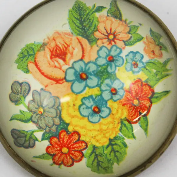 Antique Dome Glass Bridle Rosette Pinback Floral Brooch Pin Flowers Roses Button