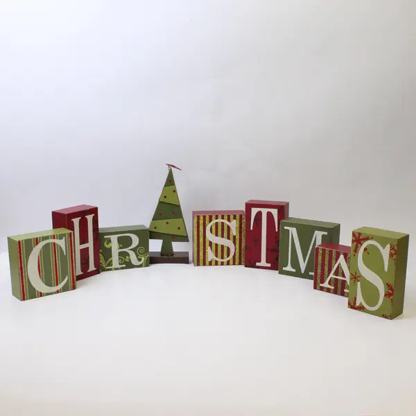 Set of Decorative Wooden Christmas Blocks W/Tree Holiday Collectible