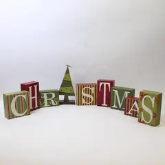Set of Decorative Wooden Christmas Blocks W/Tree Holiday Collectible