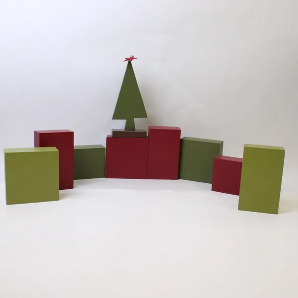 Set of Decorative Wooden Christmas Blocks W/Tree Holiday Collectible