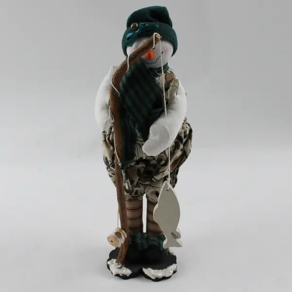 Snowman Figurine with Fishing Pole Holiday Decor Collectible 9.5in