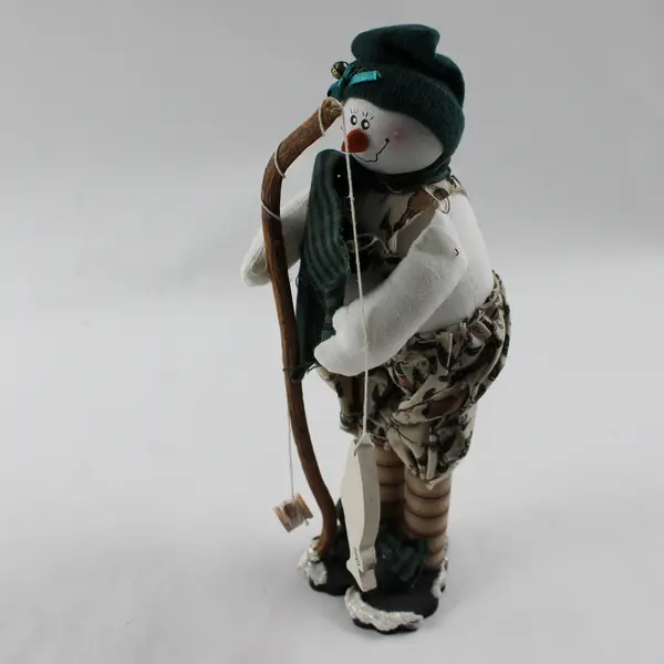 Snowman Figurine with Fishing Pole Holiday Decor Collectible 9.5in
