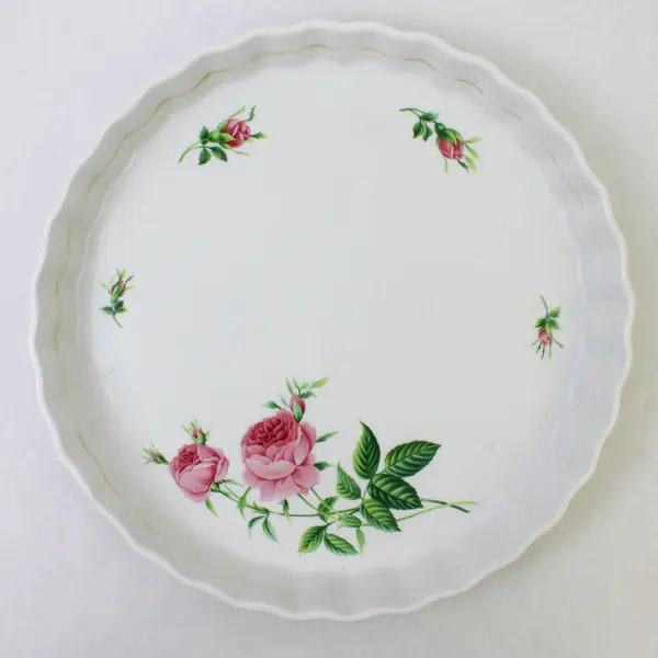 Christineholm Rose Pattern White With Pink Floral Ceramic Quiche Dish 10"