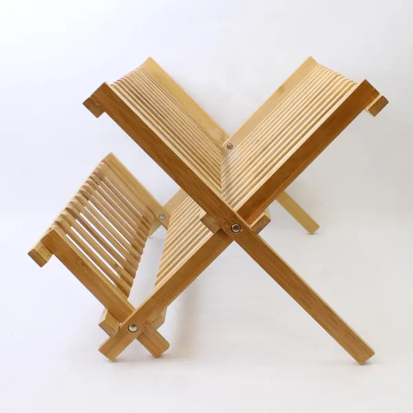 Folding Bamboo Dish Drying Rack Countertop Fold-Flat Plate & Cup Organizer