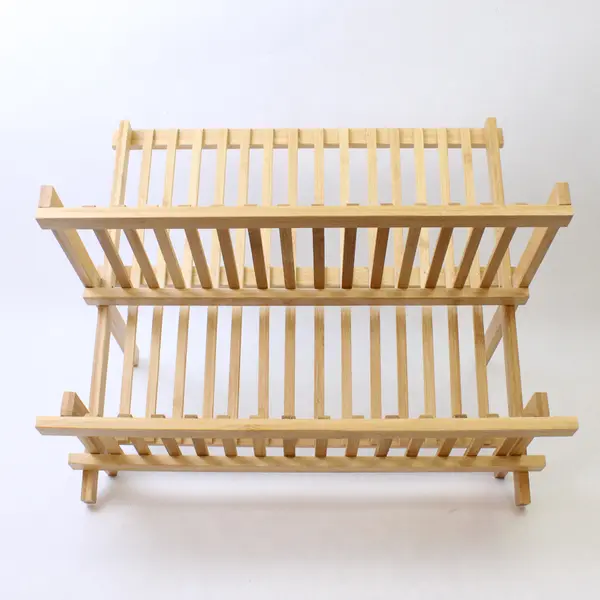 Folding Bamboo Dish Drying Rack Countertop Fold-Flat Plate & Cup Organizer