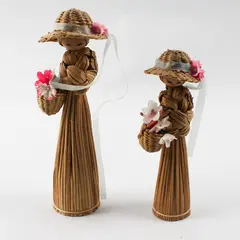 Lot of 2 Vintage Hand-Woven Straw Broom Dolls Folk Art Decor