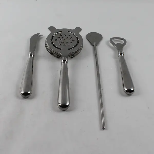 Lot of 4 Cocktail Bar Accessories - Strainer, Bottle Opener, Swizzle, Knife