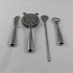 Lot of 4 Cocktail Bar Accessories - Strainer, Bottle Opener, Swizzle, Knife