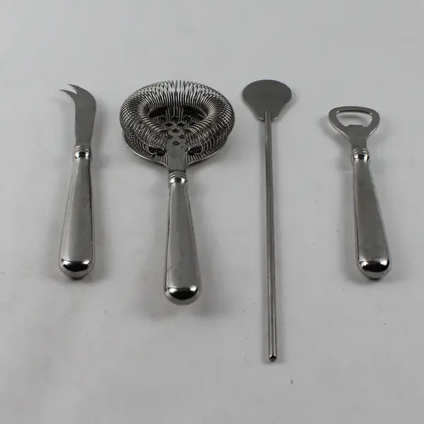Lot of 4 Cocktail Bar Accessories - Strainer, Bottle Opener, Swizzle, Knife