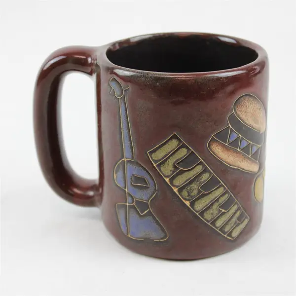 Handmade Mira Mexico Brown Instrument Patterned Large Stoneware Mug 4.5" Tall