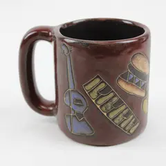 Handmade Mira Mexico Brown Instrument Patterned Large Stoneware Mug 4.5" Tall
