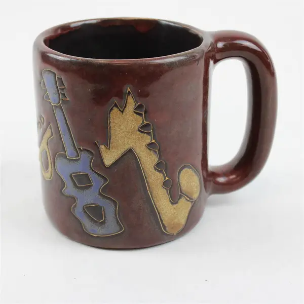 Handmade Mira Mexico Brown Instrument Patterned Large Stoneware Mug 4.5" Tall