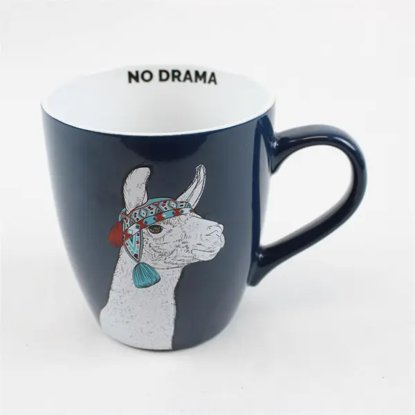 Clay Art "No Drama" Blue W/ White Llama W/ Hat Printed Large Ceramic Mug 5" Tall