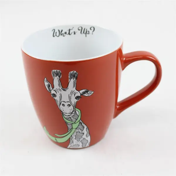 Clay Art "What's Up?" Red With Giraffe & Tie Printed Large Ceramic Mug 5" Tall