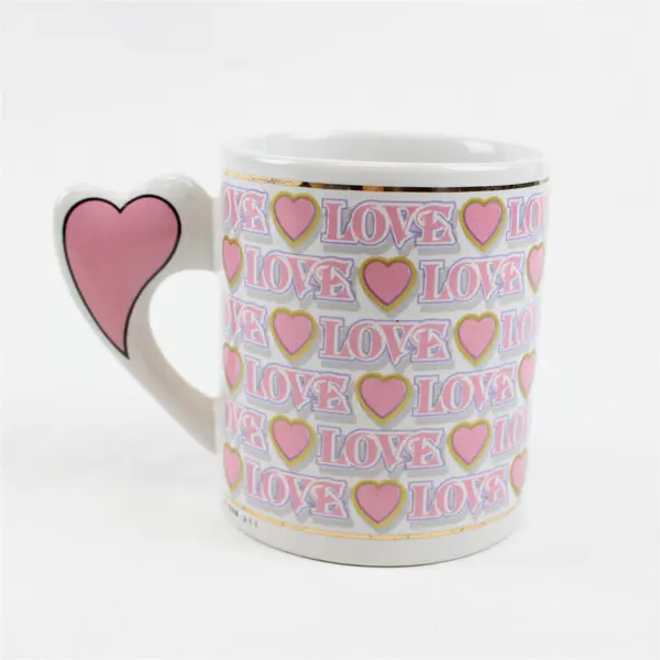 Unbranded "Love" White With Pink Heart Print Gold Trim Ceramic Mug 3.75" Tall