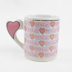 Unbranded "Love" White With Pink Heart Print Gold Trim Ceramic Mug 3.75" Tall