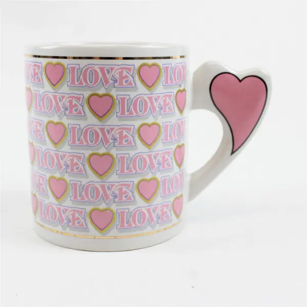 Unbranded "Love" White With Pink Heart Print Gold Trim Ceramic Mug 3.75" Tall