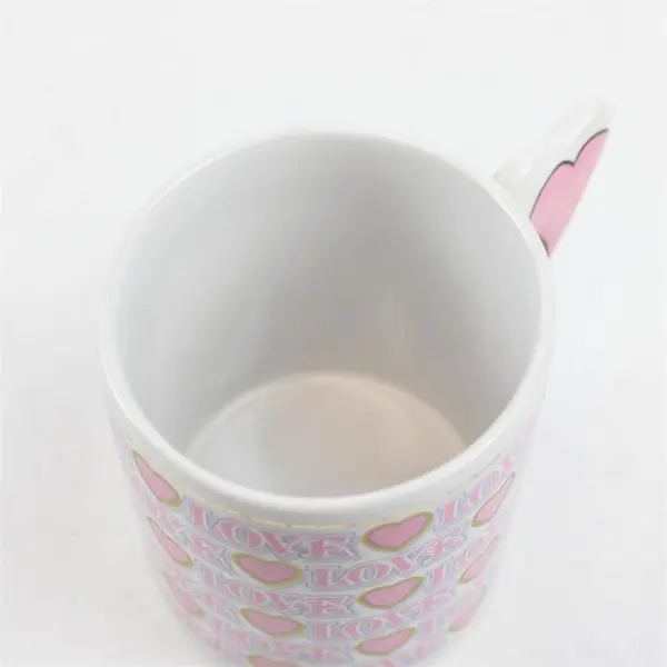 Unbranded "Love" White With Pink Heart Print Gold Trim Ceramic Mug 3.75" Tall