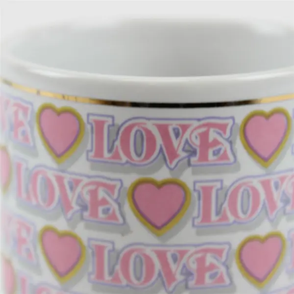 Unbranded "Love" White With Pink Heart Print Gold Trim Ceramic Mug 3.75" Tall