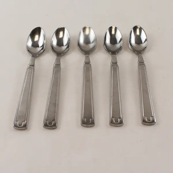 5 Cambridge Unknown Pattern Back/Front Geometric 18/10 SS Teaspoons 7" Rare HTF