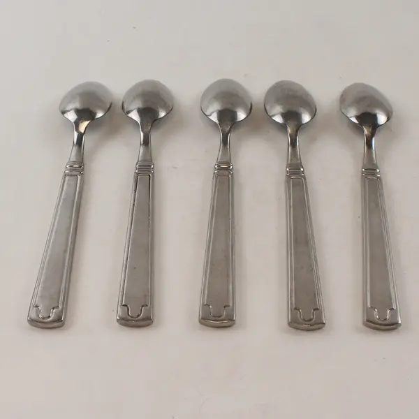 5 Cambridge Unknown Pattern Back/Front Geometric 18/10 SS Teaspoons 7" Rare HTF