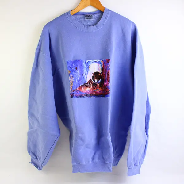 Vintage Oneita Adult XL Lilac Tiger Graphic Crew Neck Pullover Sweater New