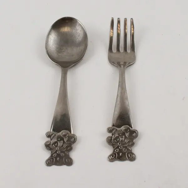 Lot of 2 Vintage Children's Silverware SP Spoon Fork Engraved Bears Good