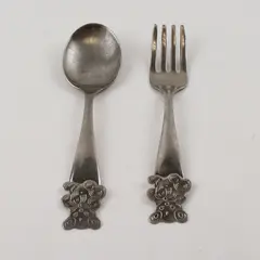 Lot of 2 Vintage Children's Silverware SP Spoon Fork Engraved Bears Good
