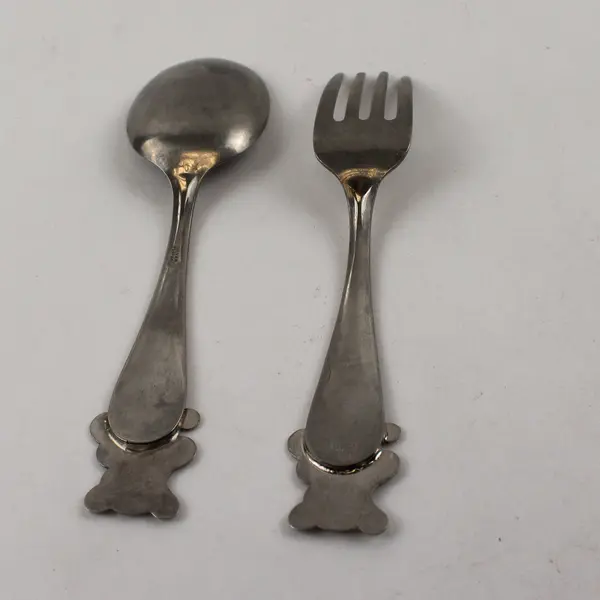 Lot of 2 Vintage Children's Silverware SP Spoon Fork Engraved Bears Good