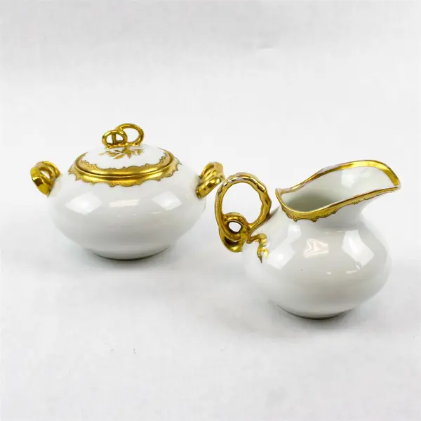 Vintage GDA White & Gold Creamer & Sugar Bowl Ribbon-Style Handle