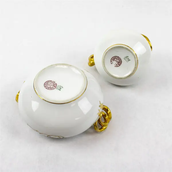 Vintage GDA White & Gold Creamer & Sugar Bowl Ribbon-Style Handle