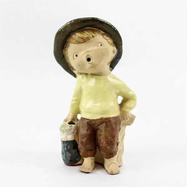 Vintage Ceramic Figurine Singing Boy with Cat Hand-Painted 7 in