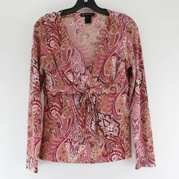 INC International Concepts Pink & Brown Paisley Sequin Top Women's Large