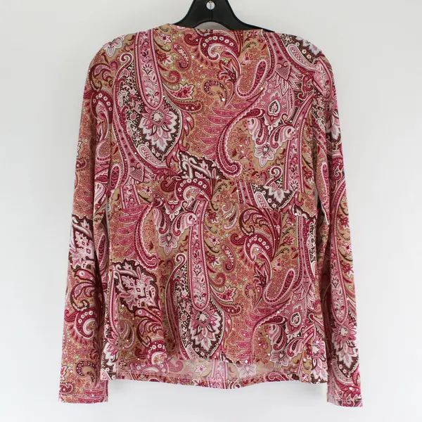 INC International Concepts Pink & Brown Paisley Sequin Top Women's Large