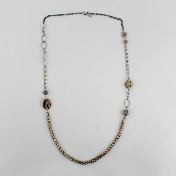 LOFT Silver-Tone Beaded Rhinestone Chain Necklace 34"
