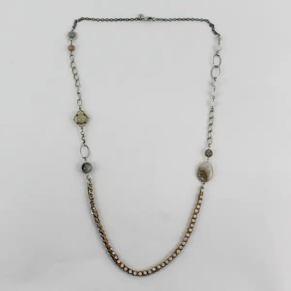 LOFT Silver-Tone Beaded Rhinestone Chain Necklace 34"