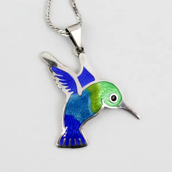 Arte Silver-Tone Blue and Green Hummingbird Pendant Necklace 20"