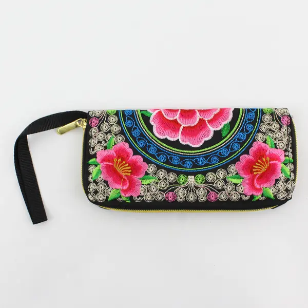 Asian-Inspired Floral Embroidered Wristlet Wallet