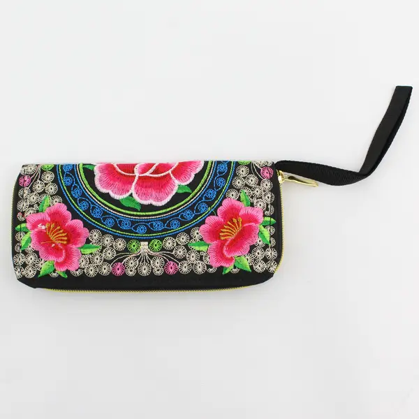 Asian-Inspired Floral Embroidered Wristlet Wallet