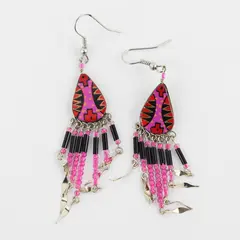 Handmade Pink & Red Southwestern-Style Beaded Fringed Teardrop Dangle Earrings