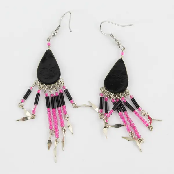 Handmade Pink & Red Southwestern-Style Beaded Fringed Teardrop Dangle Earrings