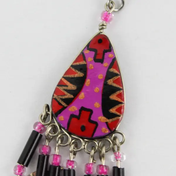 Handmade Pink & Red Southwestern-Style Beaded Fringed Teardrop Dangle Earrings