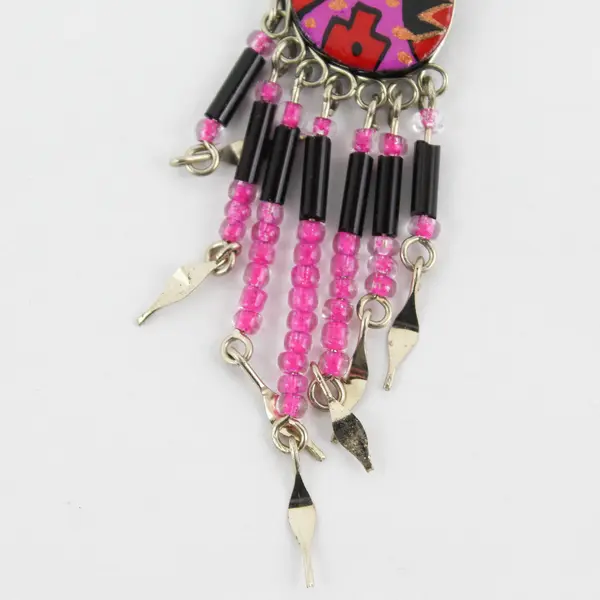 Handmade Pink & Red Southwestern-Style Beaded Fringed Teardrop Dangle Earrings