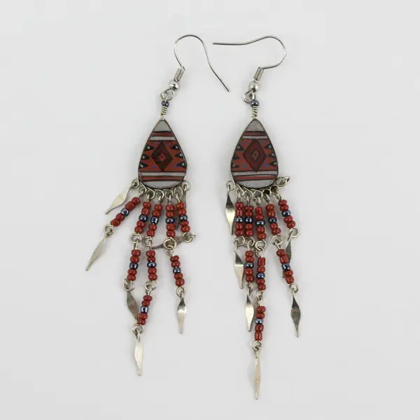 Handmade Brown & Gray Southwestern-Style Beaded Fringed Teardrop Dangle Earrings