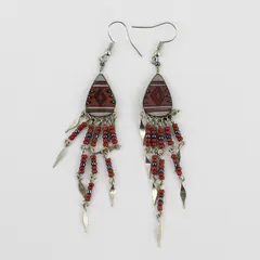 Handmade Brown & Gray Southwestern-Style Beaded Fringed Teardrop Dangle Earrings