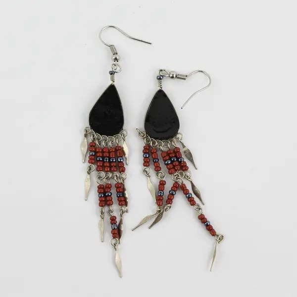Handmade Brown & Gray Southwestern-Style Beaded Fringed Teardrop Dangle Earrings