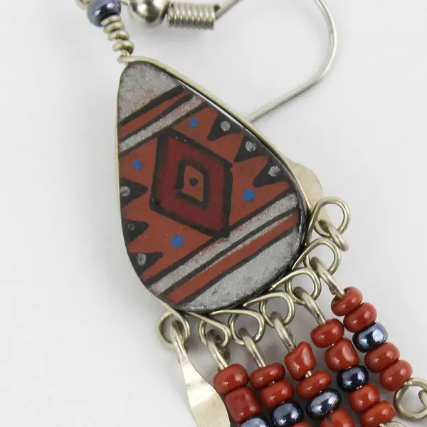 Handmade Brown & Gray Southwestern-Style Beaded Fringed Teardrop Dangle Earrings