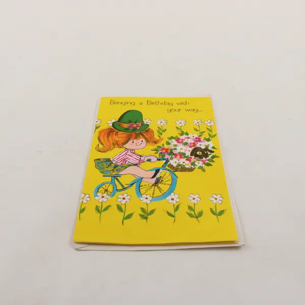 Vintage Crystal Card Girl on Bicycle Cute Birthday Greeting Card with Envelope