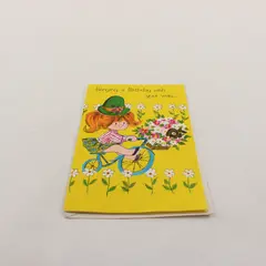 Vintage Crystal Card Girl on Bicycle Cute Birthday Greeting Card with Envelope